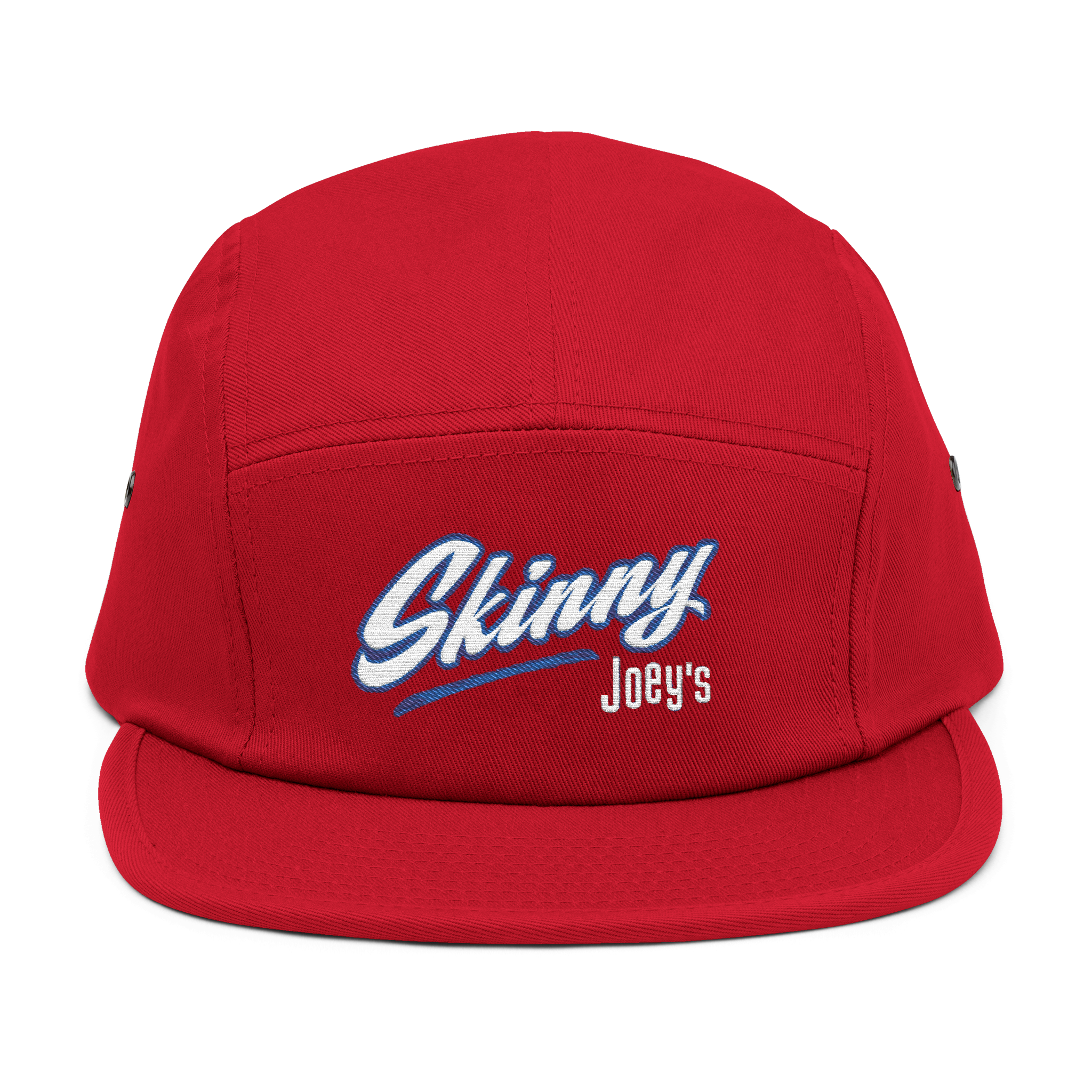 Red cap with 'Skinny Joey's' text on a white background