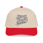 Beige and red cap with 'Skinny Joey's Cheesesteaks' text on a white background