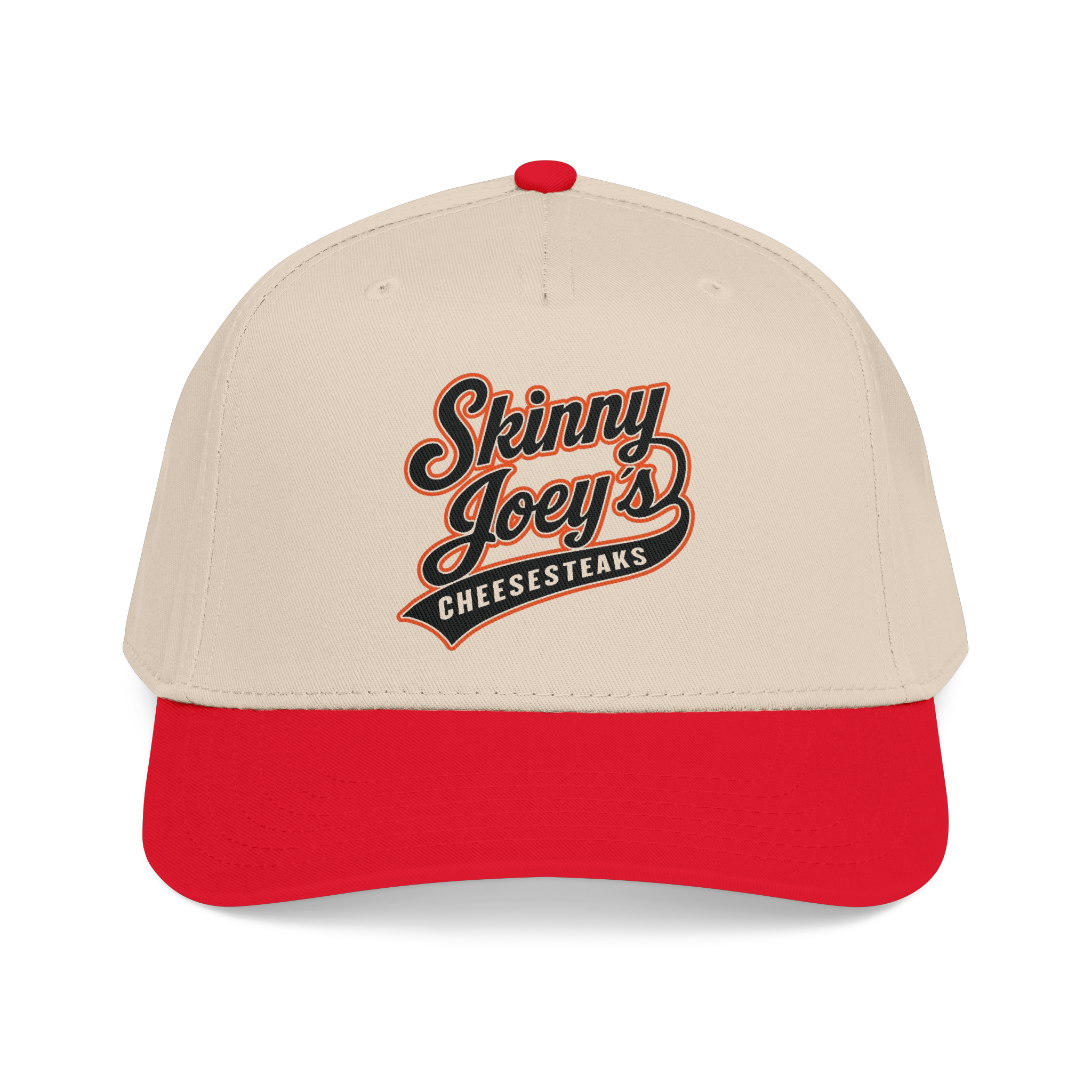 Beige and red cap with 'Skinny Joey's Cheesesteaks' text on a white background