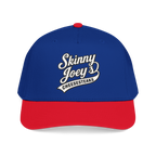 Blue and red cap with 'Skinny Joey's Cheesesteaks' text on a white background