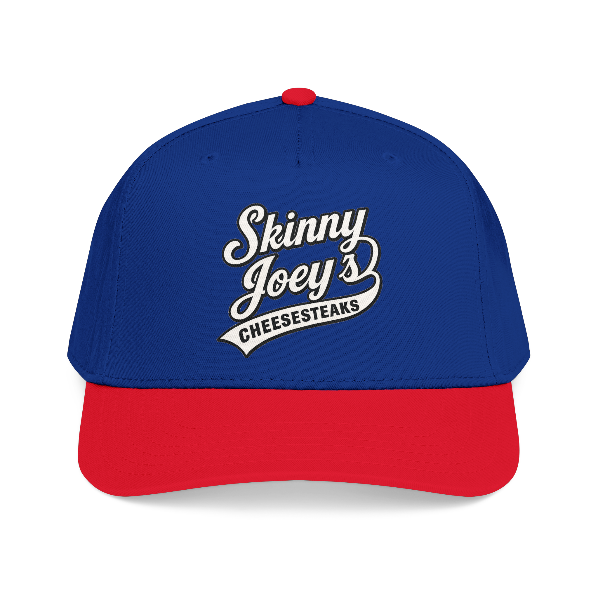 Blue and red cap with 'Skinny Joey's Cheesesteaks' text on a white background
