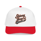 White and red cap with 'Skinny Joey's Cheesesteaks' text on a white background