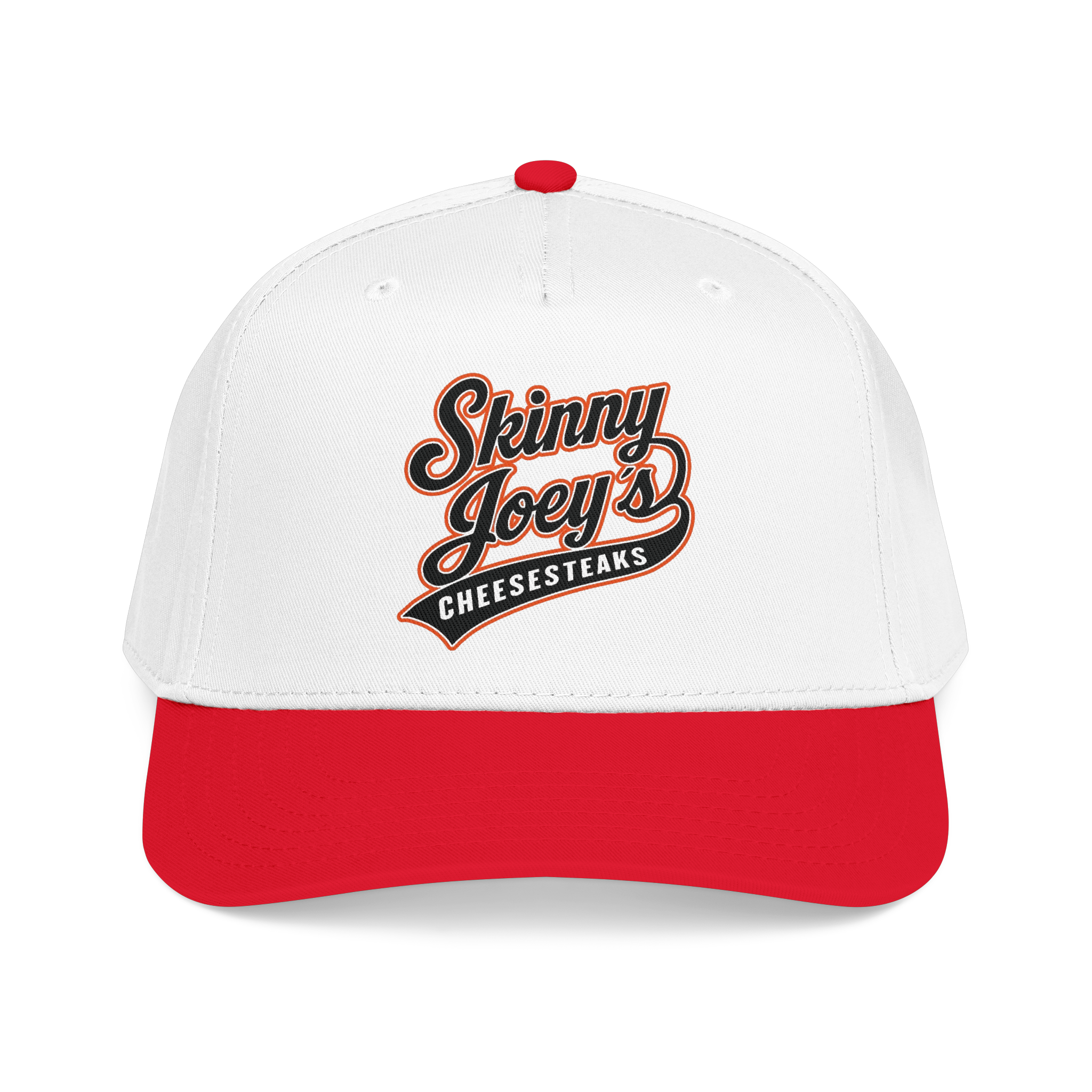 White and red cap with 'Skinny Joey's Cheesesteaks' text on a white background