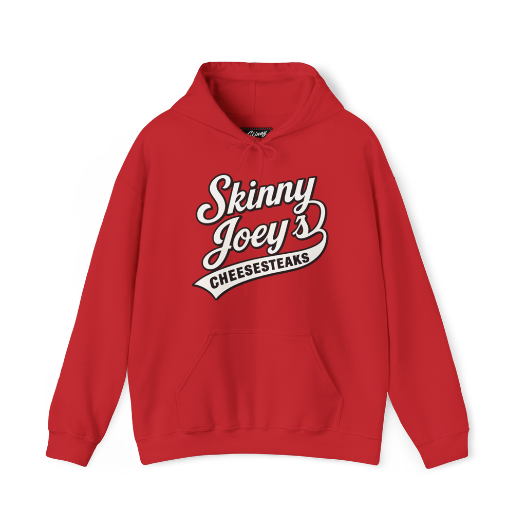 Red hoodie with 'Skinny Joey's Cheesesteaks' text on a white background