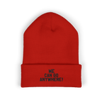 Red beanie with 'WE CAN GO ANYWHERE!' text on a white background
