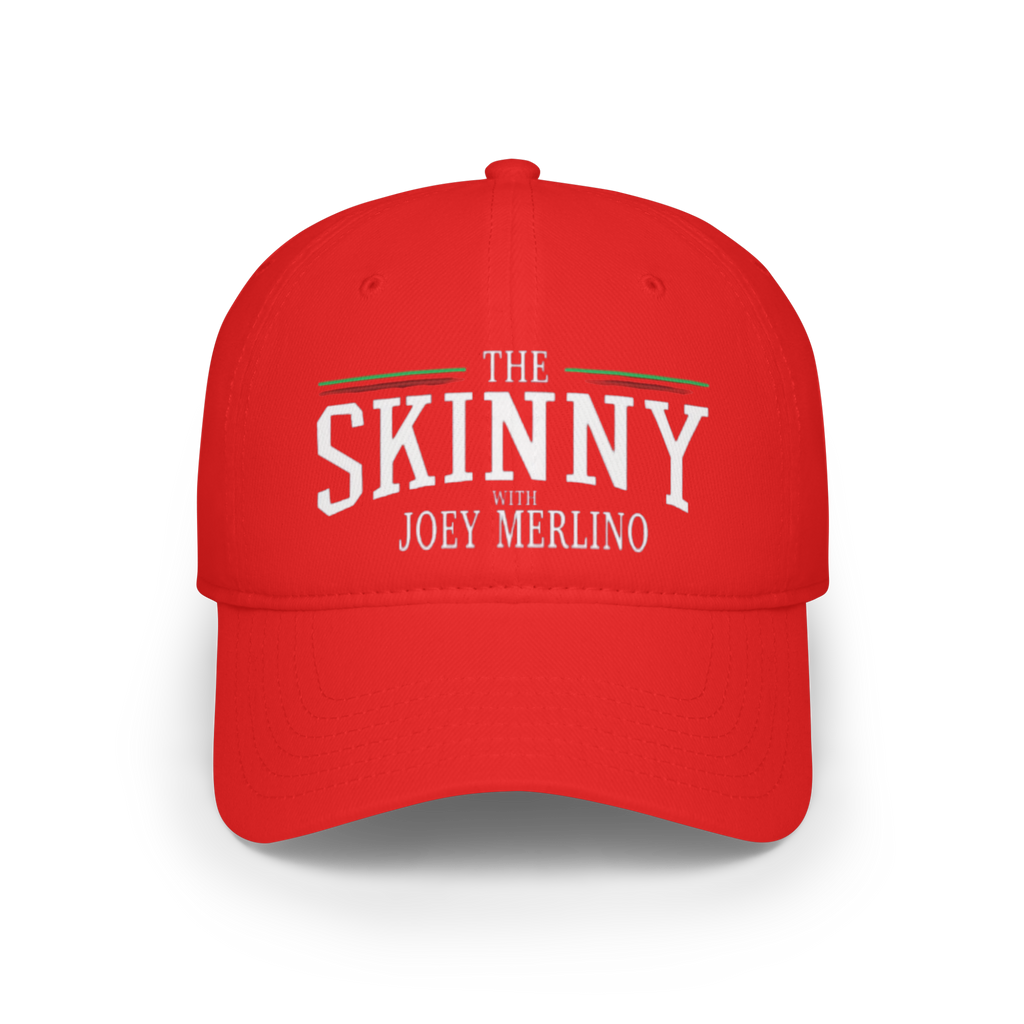 Red cap with 'The Skinny with Joey Merlin' text on a white background