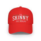 Red cap with 'The Skinny with Joey Merlin' text on a white background