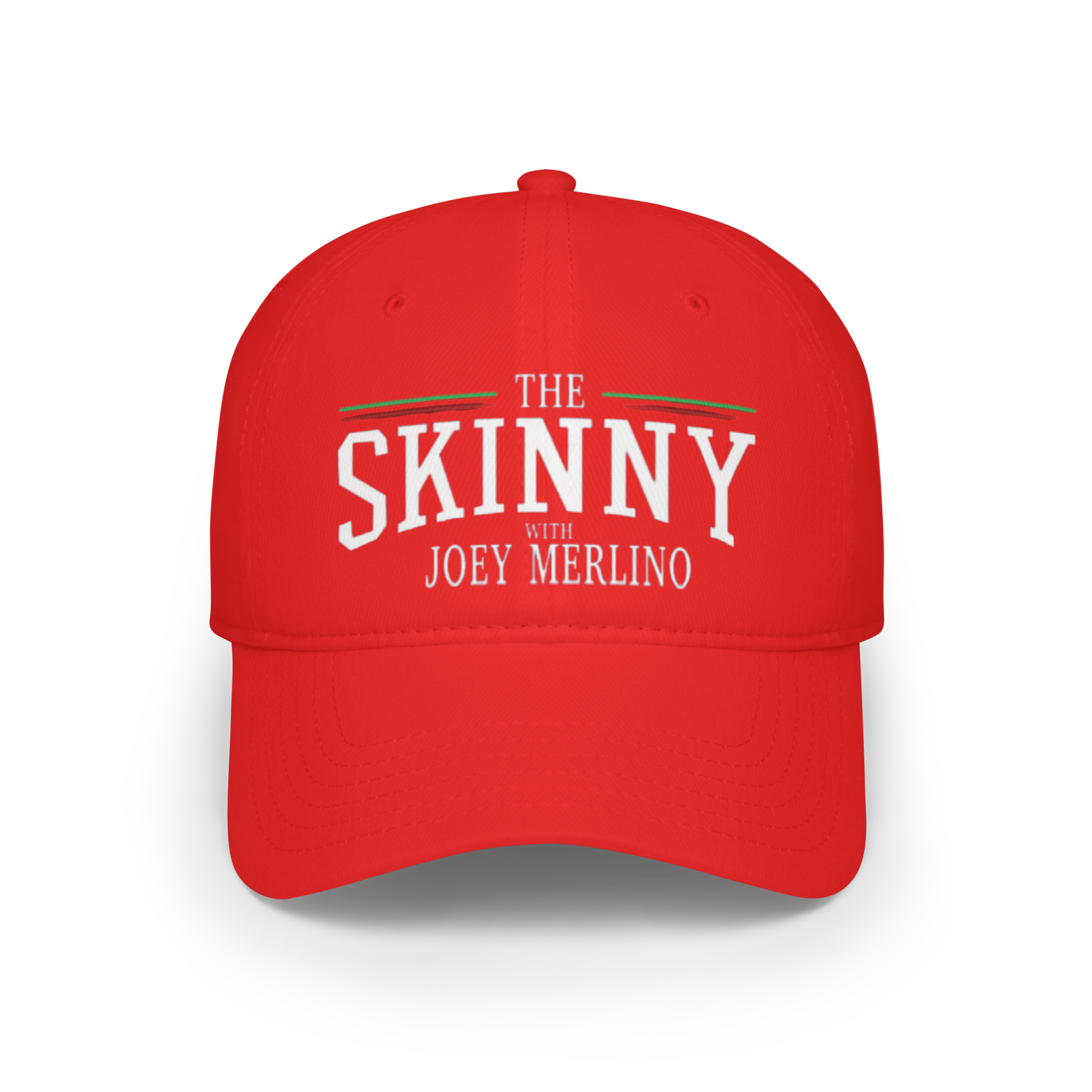 Red cap with 'The Skinny with Joey Merlin' text on a white background