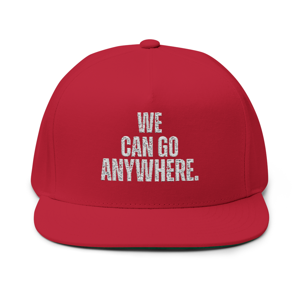 Red cap with 'WE CAN GO ANYWHERE.' text on a white background
