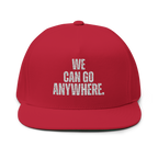 Red cap with 'WE CAN GO ANYWHERE.' text on a white background
