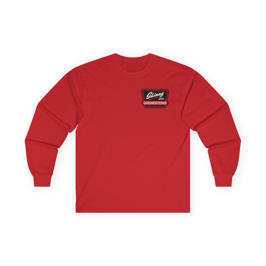Red long-sleeve shirt with a logo on the chest against a white background