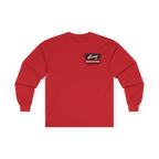 Red long-sleeve shirt with a logo on the chest against a white background