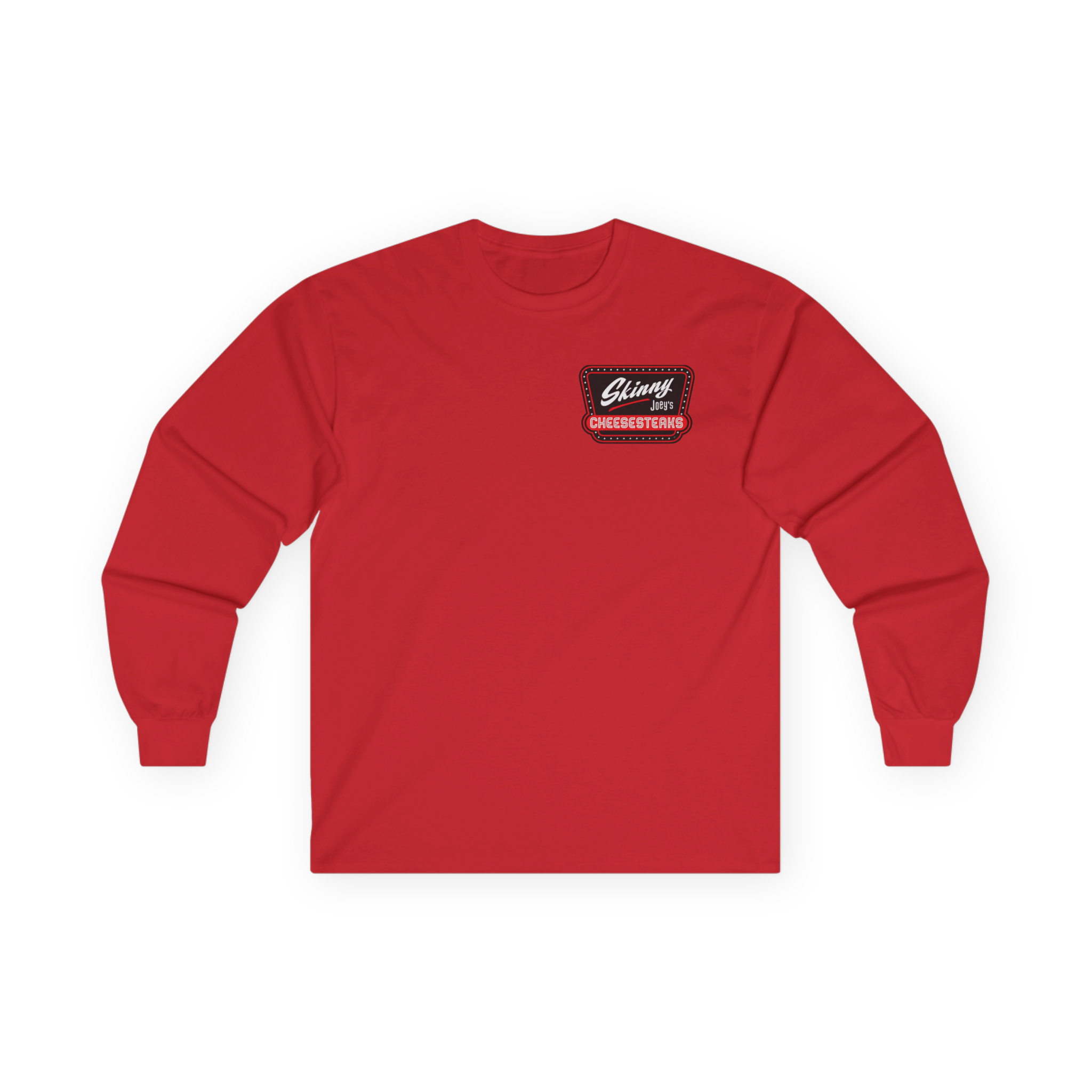 Red long-sleeve shirt with a logo on the chest against a white background