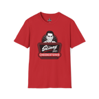 Red t-shirt with 'Skinny Joey's Cheesesteaks' graphic on a white background