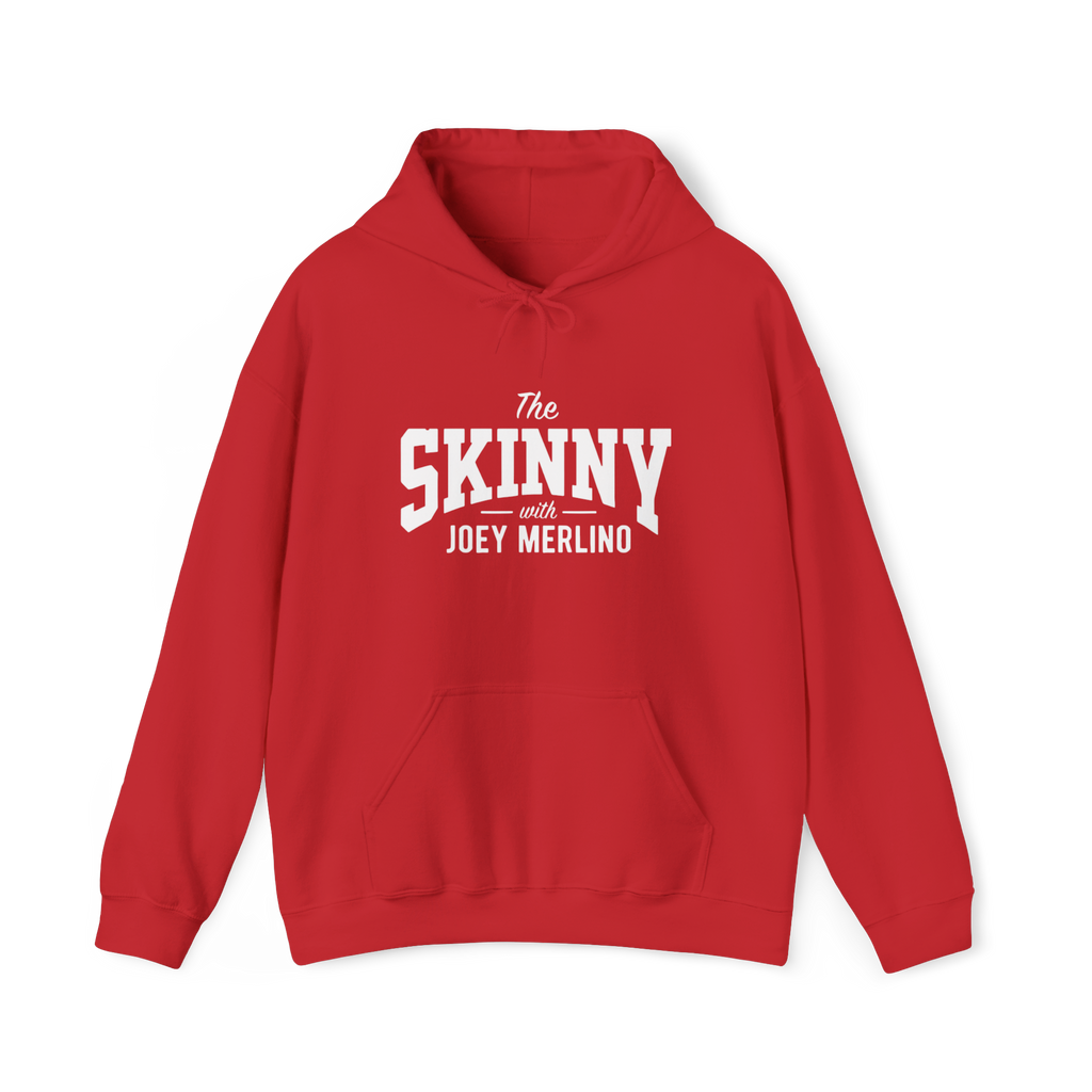 Red hoodie with 'The Skinny with Joey Merlin' text on a white background