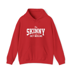 Red hoodie with 'The Skinny with Joey Merlin' text on a white background