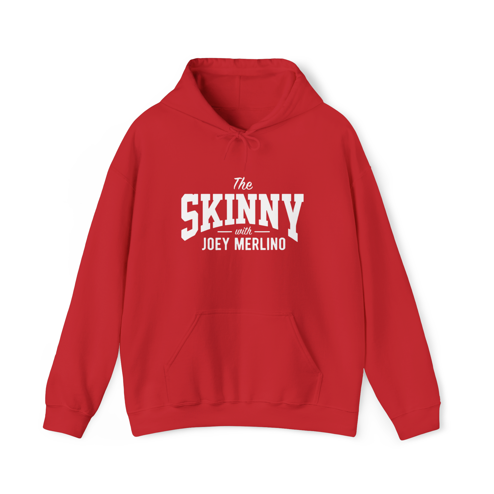 Red hoodie with 'The Skinny with Joey Merlin' text on a white background