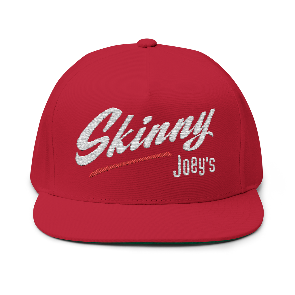 Red cap with 'Skinny Joey's' text on a white background