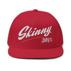 Red cap with 'Skinny Joey's' text on a white background