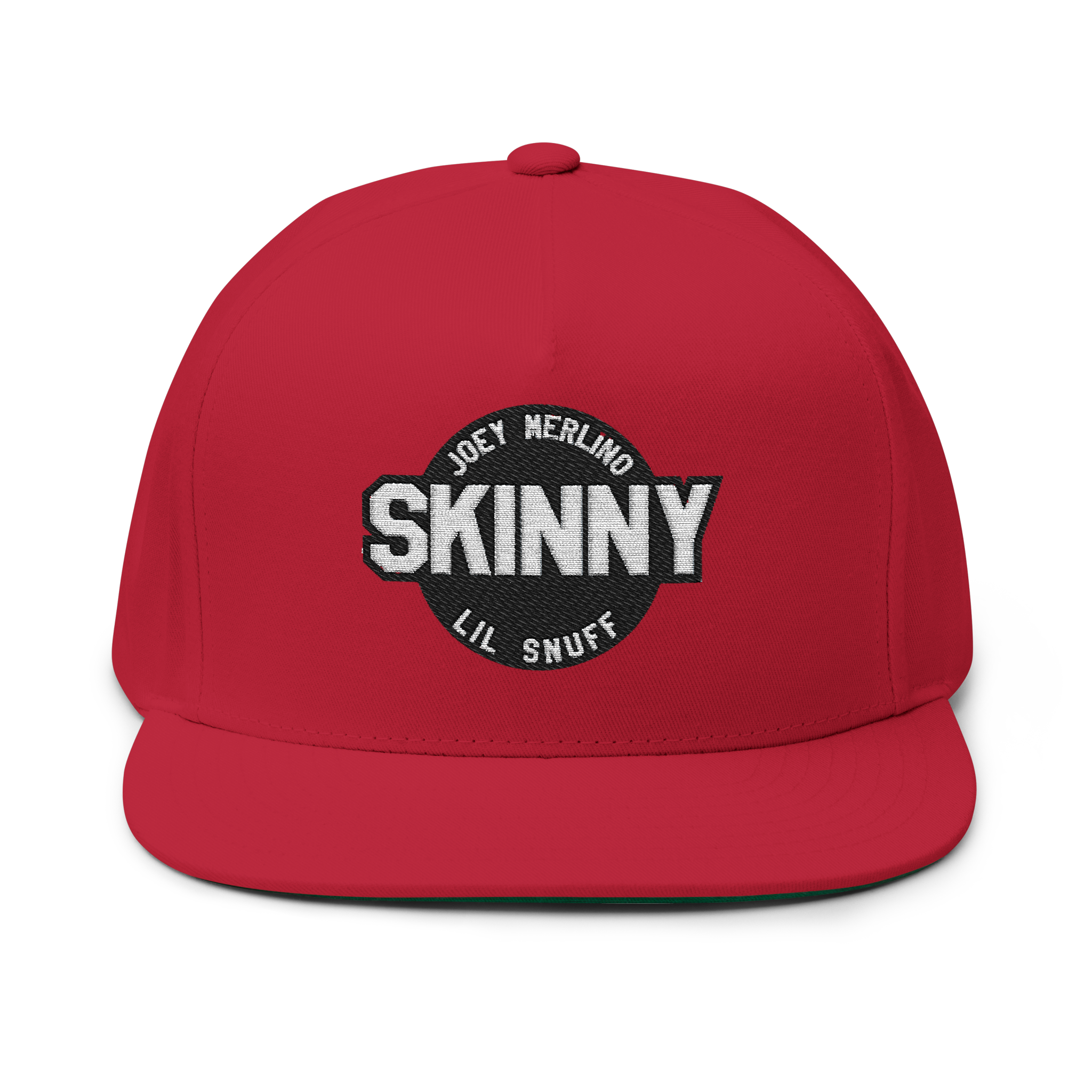 Red cap with 'SKINNY' logo on a white background