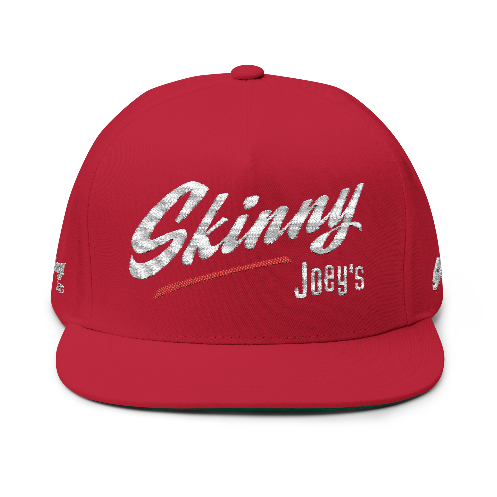 Red cap with 'Skinny Joey's' text on a white background