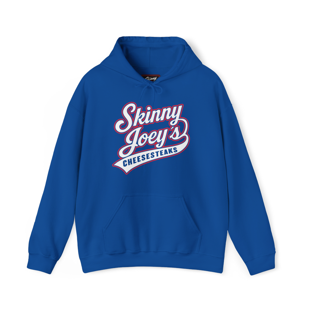 Blue hoodie with 'Skinny Joey's Cheesesteaks' text on a white background