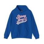 Blue hoodie with 'Skinny Joey's Cheesesteaks' text on a white background