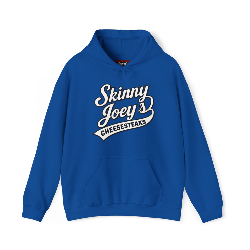 Blue hoodie with 'Skinny Joey's Cheesesteaks' text on a white background