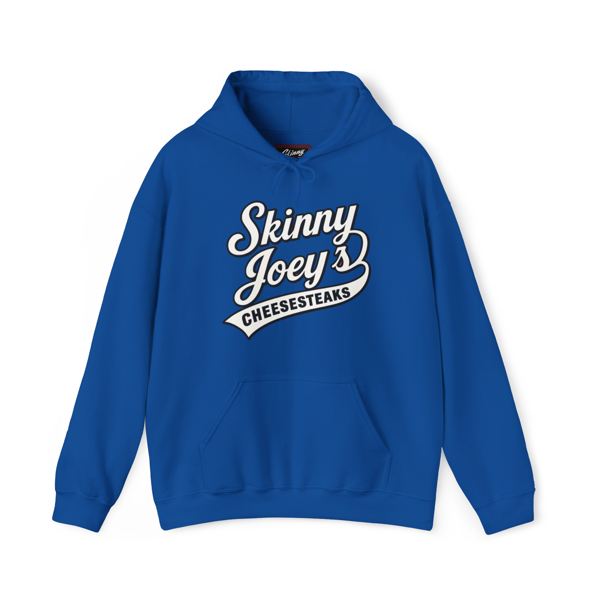 Blue hoodie with 'Skinny Joey's Cheesesteaks' text on a white background