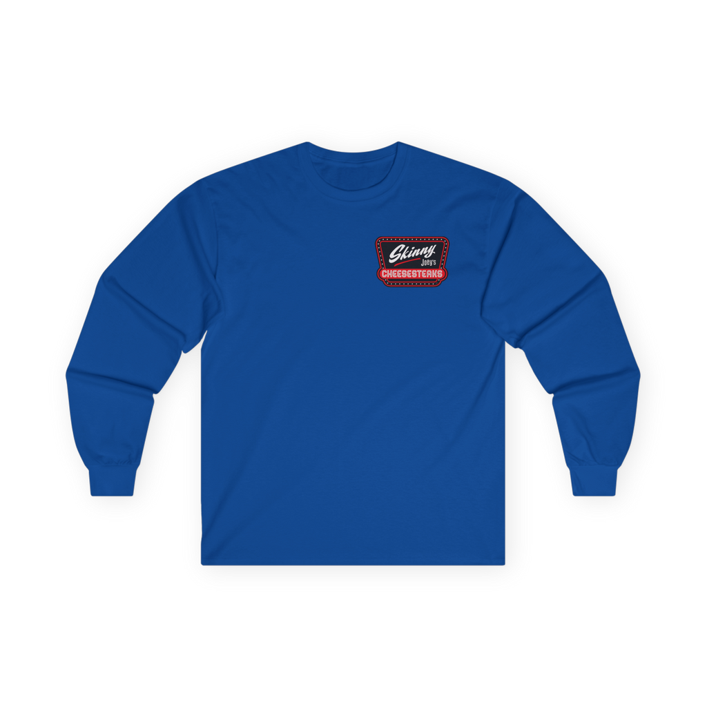 Blue long-sleeve shirt with a logo on the chest against a white background
