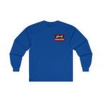 Blue long-sleeve shirt with a logo on the chest against a white background