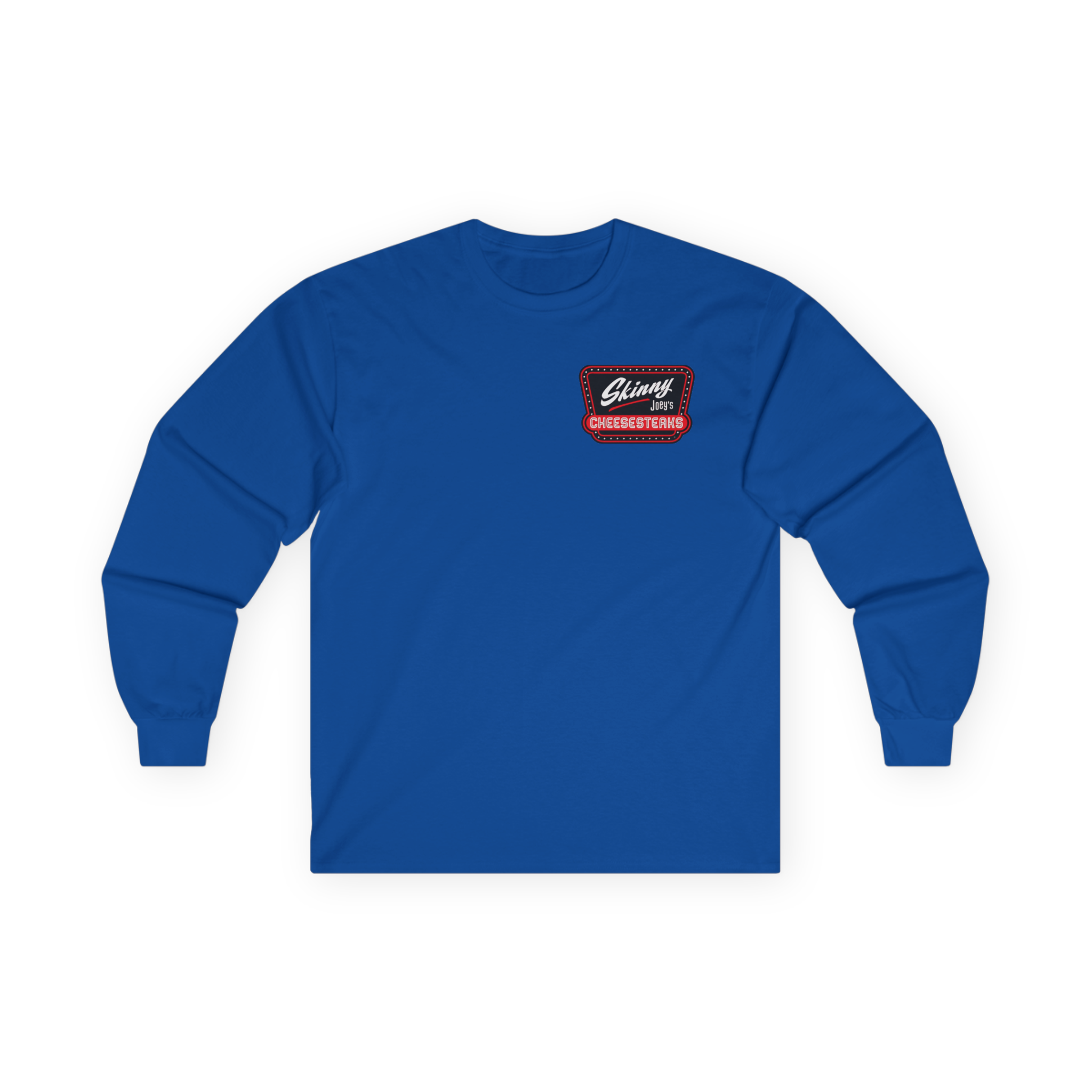 Blue long-sleeve shirt with a logo on the chest against a white background