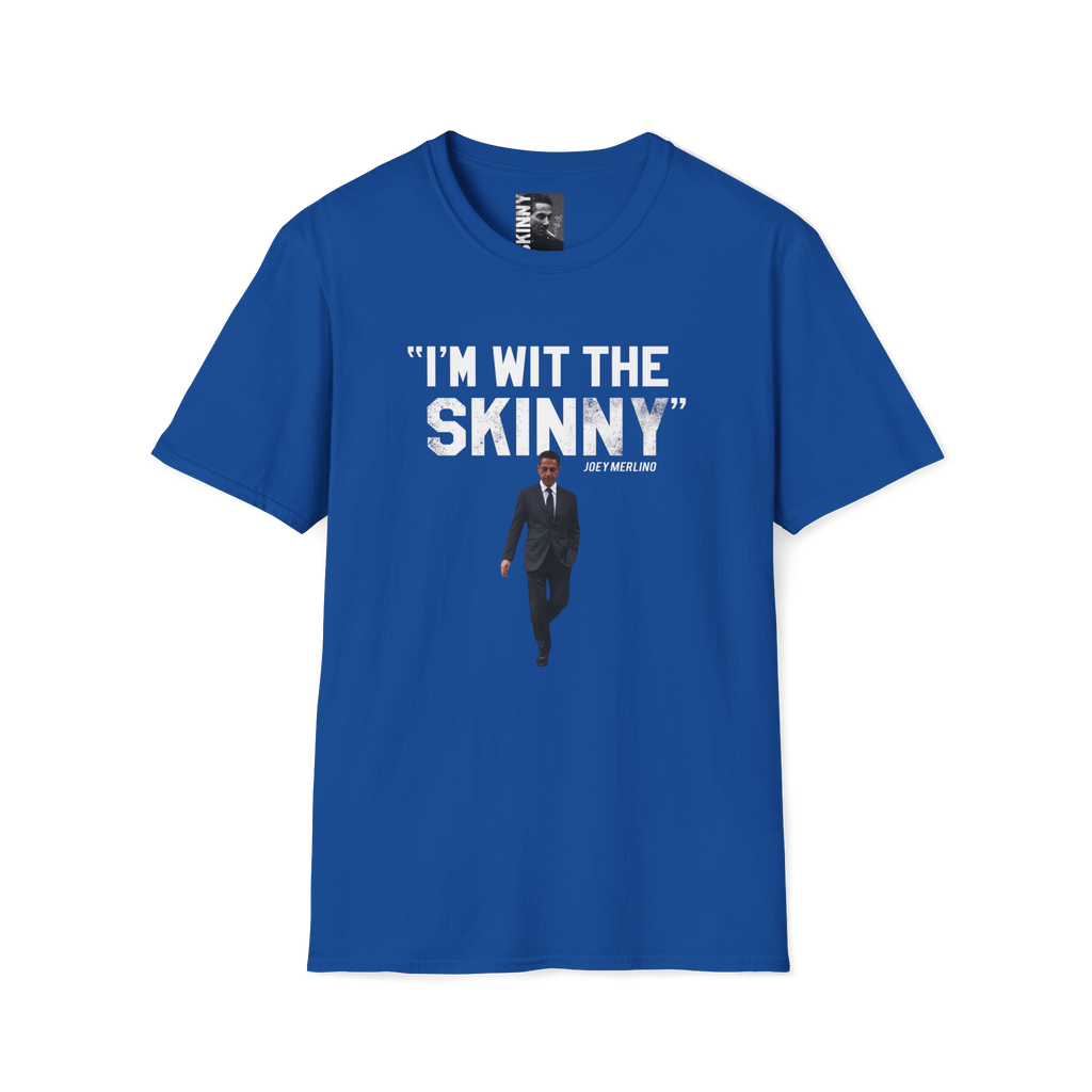 Blue t-shirt with text and graphic on a white background