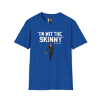 Blue t-shirt with text and graphic on a white background