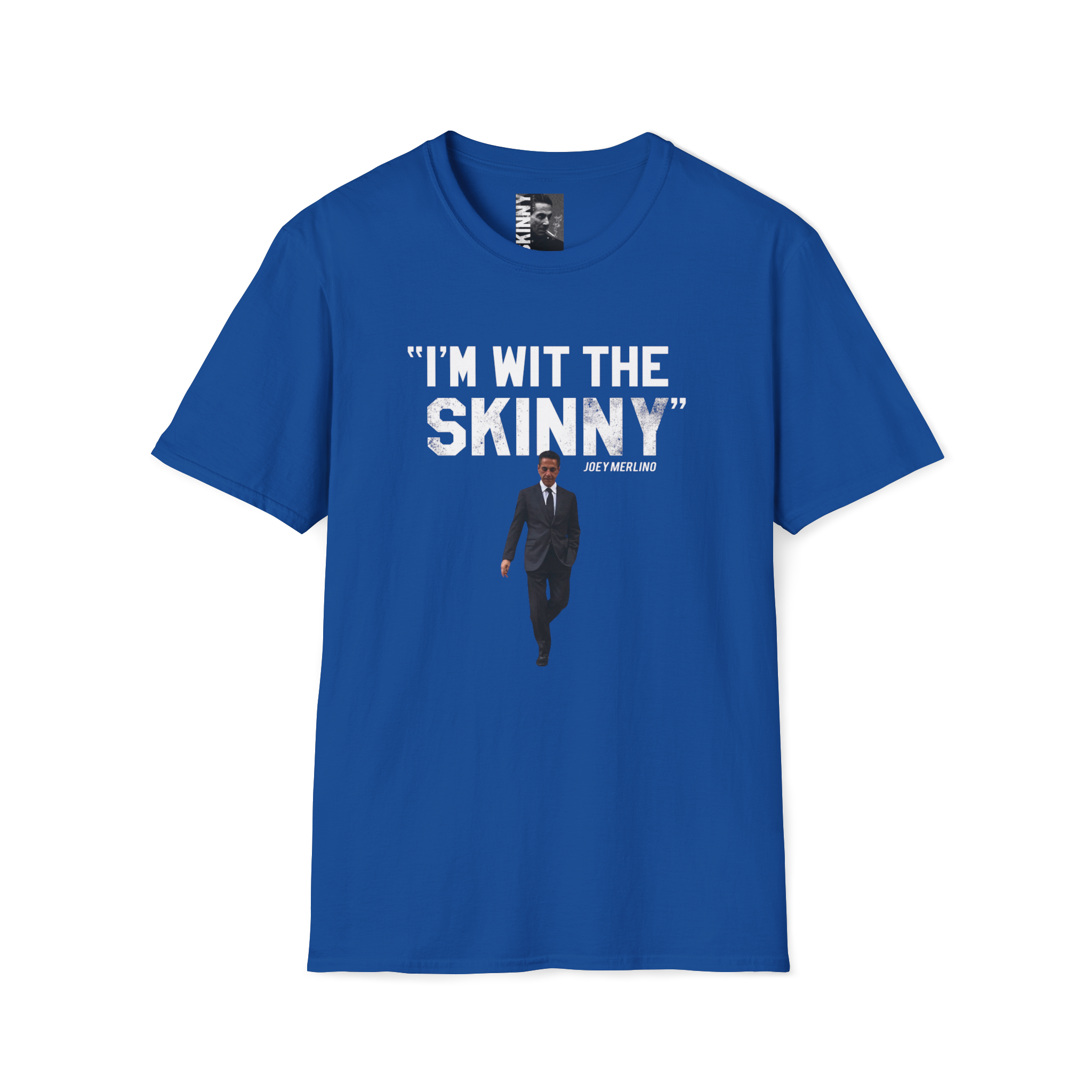 Blue t-shirt with text and graphic on a white background