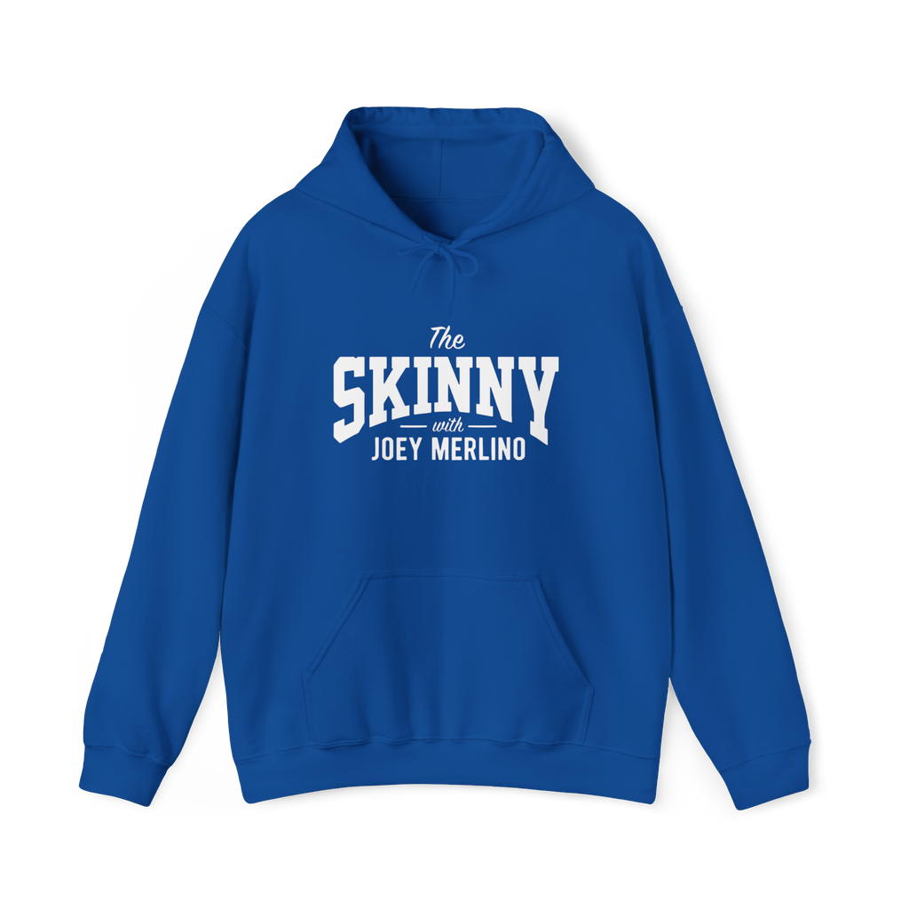 Blue hoodie with 'The Skinny with Joey Merlin' text on a white background