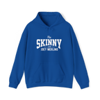 Blue hoodie with 'The Skinny with Joey Merlin' text on a white background