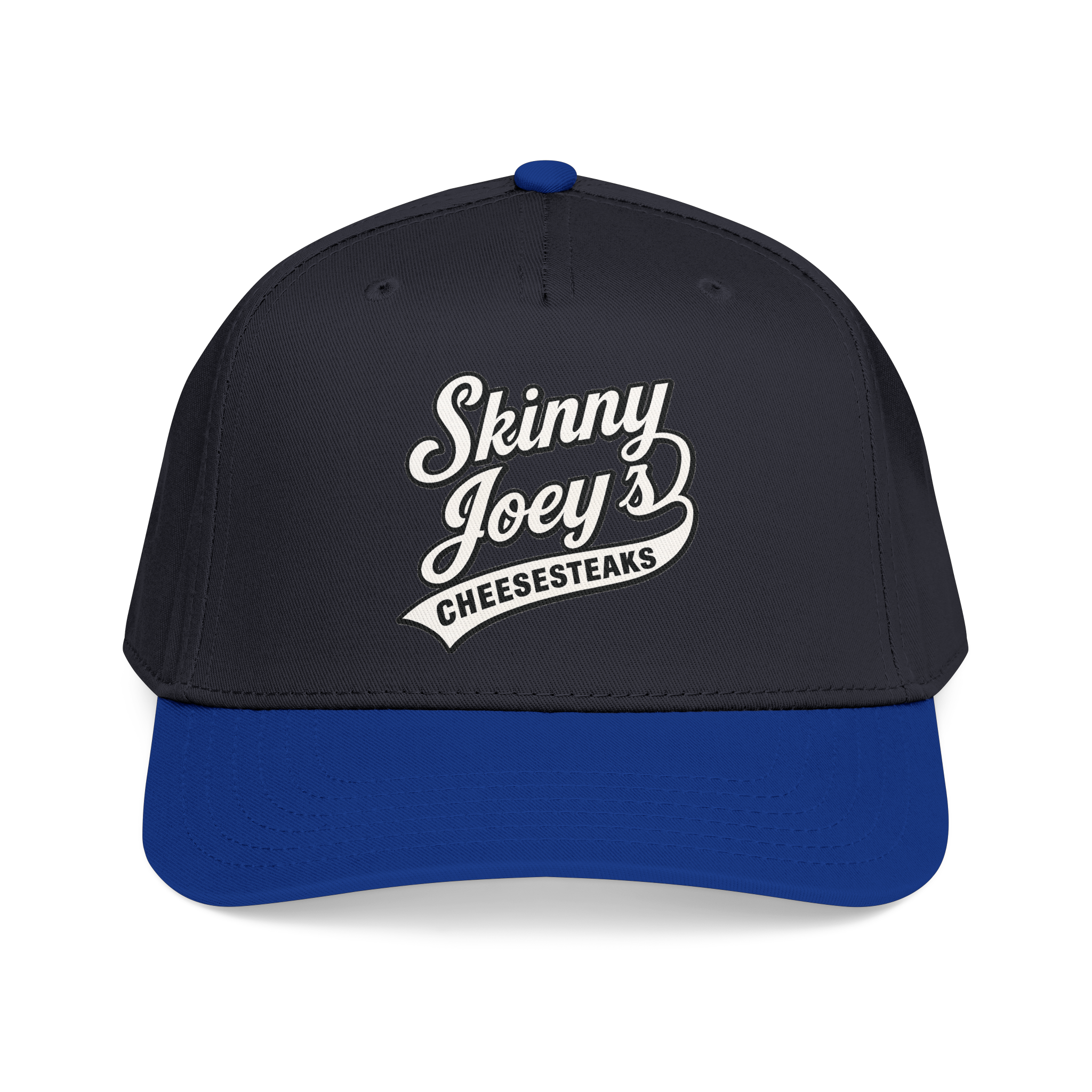 Black cap with 'Skinny Joey's Cheesesteaks' text on a white background