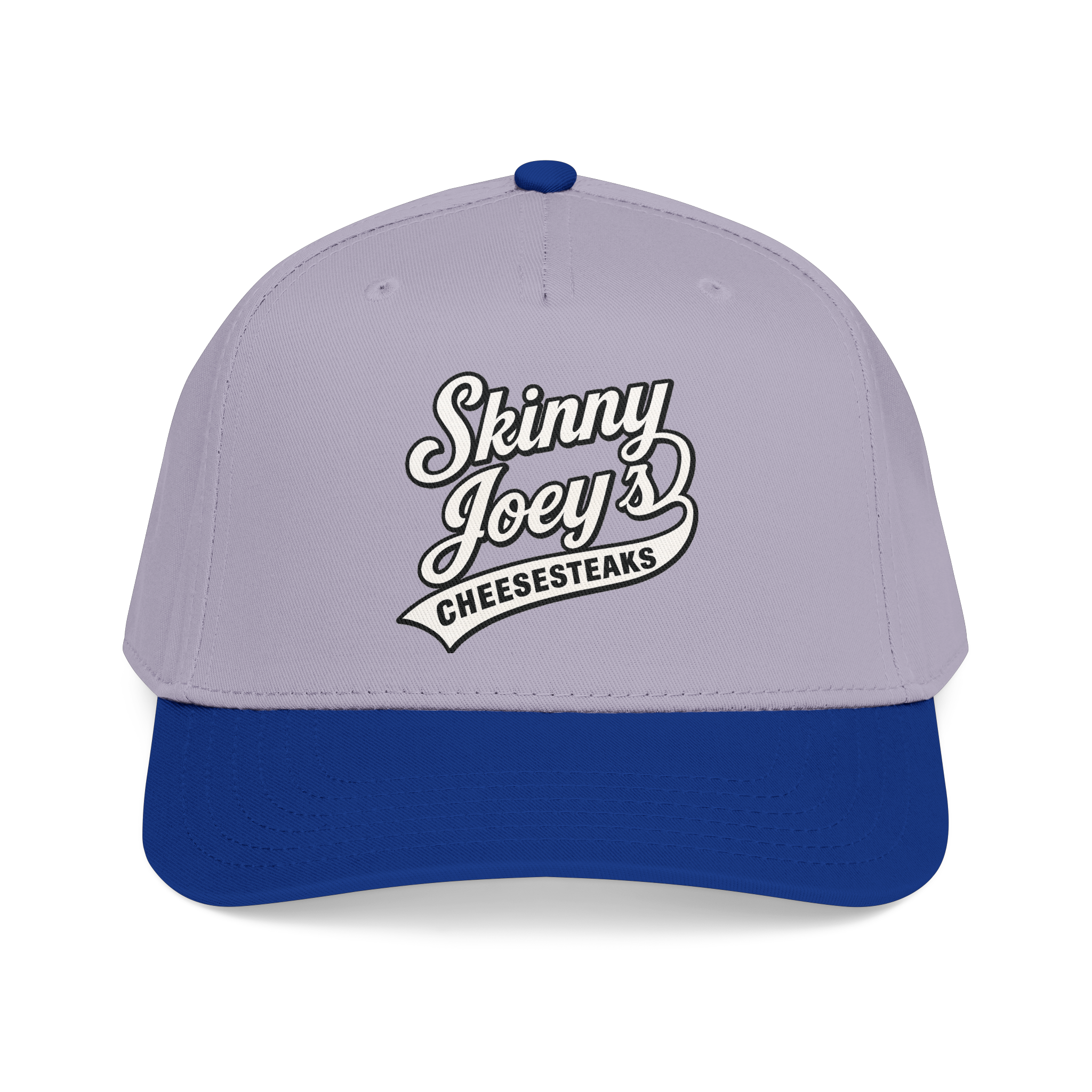 Gray and blue cap with 'Skinny Joey's Cheesesteaks' text on a white background