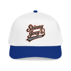 White and blue cap with 'Skinny Joey's Cheesesteaks' logo on a white background
