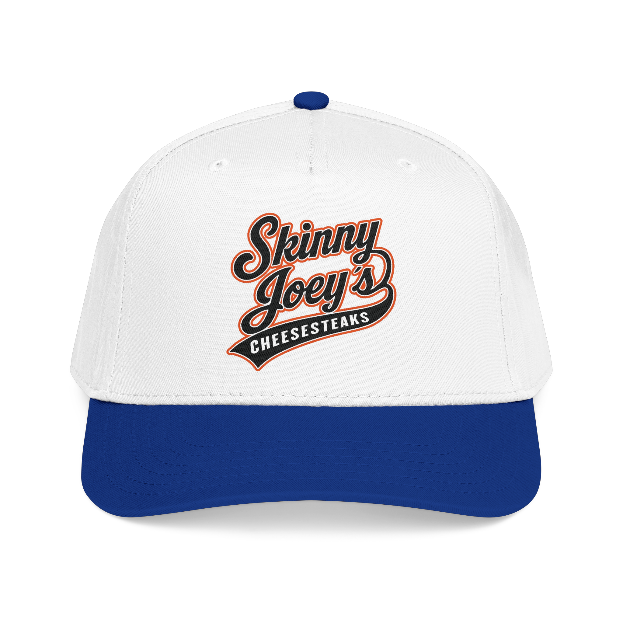 White and blue cap with 'Skinny Joey's Cheesesteaks' logo on a white background