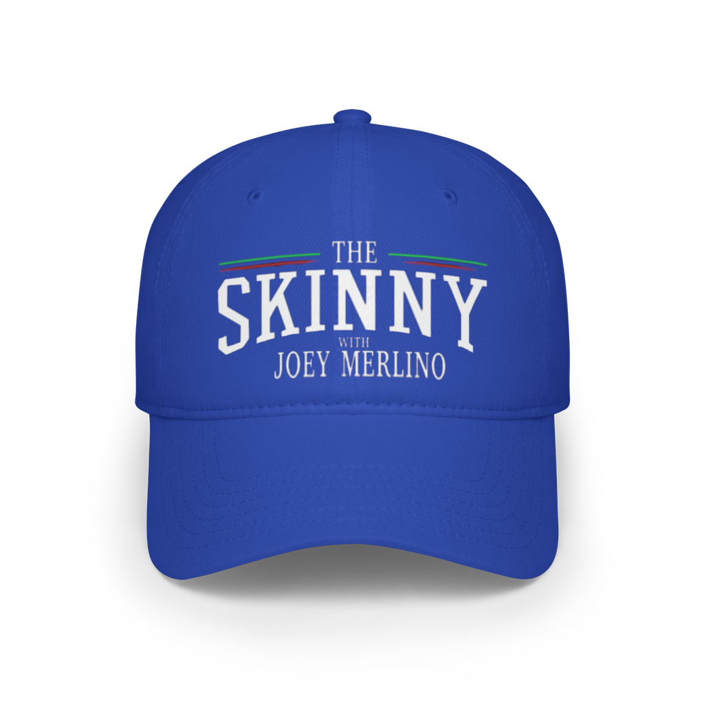 Blue cap with 'The Skinny with Joey Merlin' text on a white background