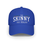 Blue cap with 'The Skinny with Joey Merlin' text on a white background