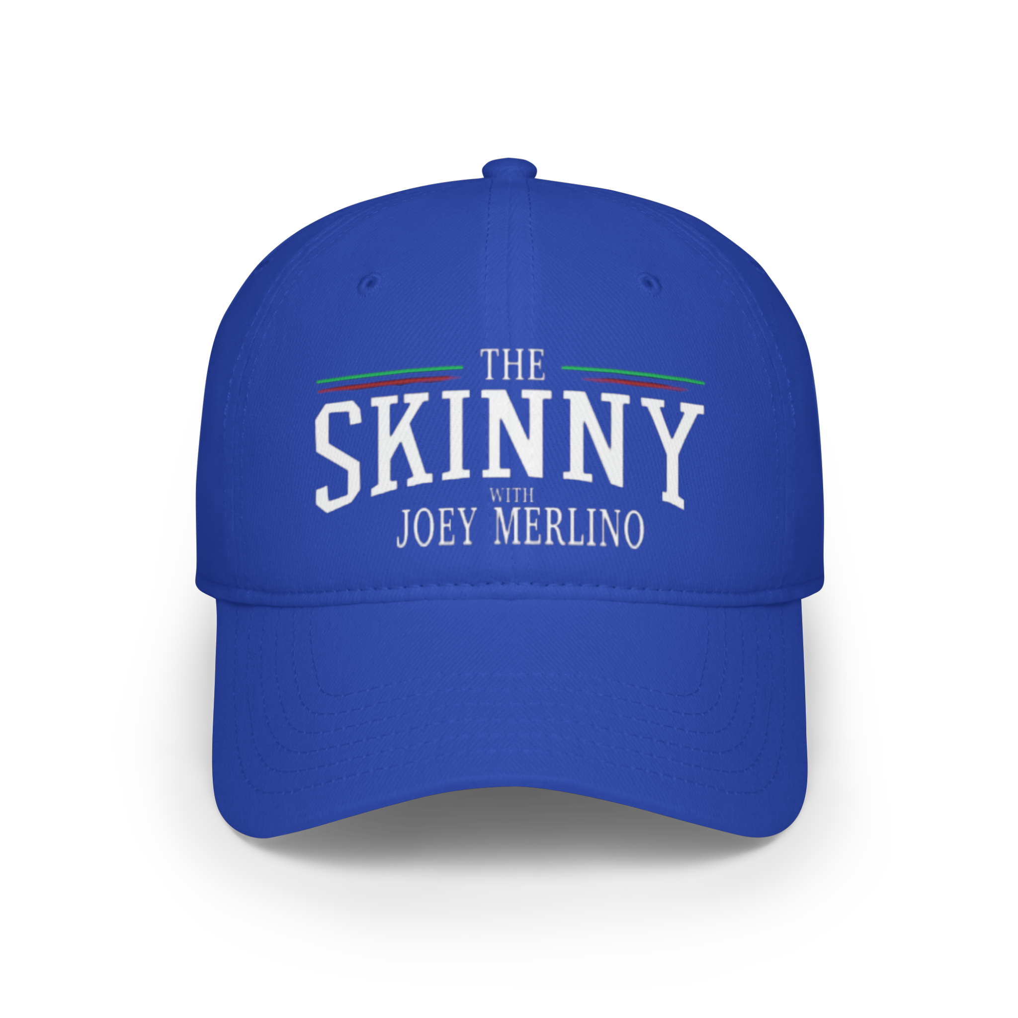 Blue cap with 'The Skinny with Joey Merlin' text on a white background