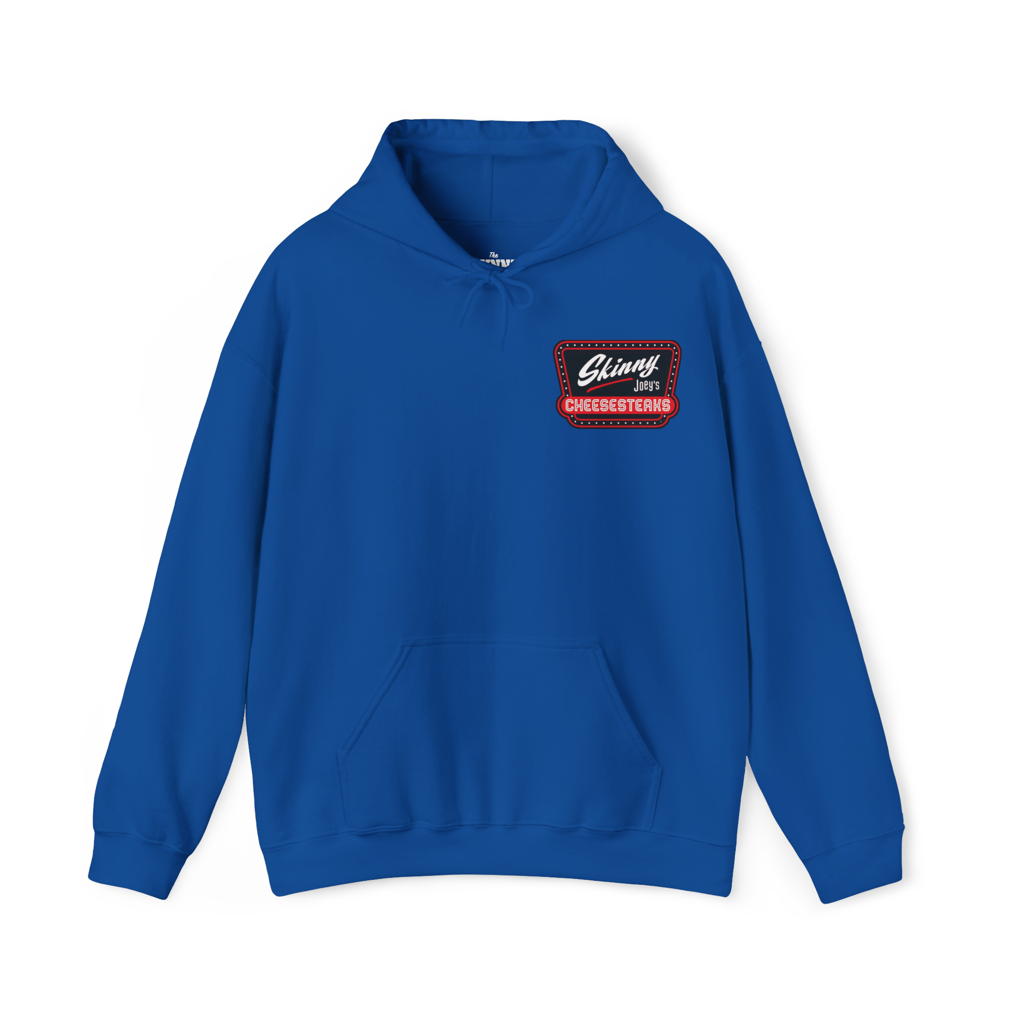 Blue hoodie with a logo on the chest against a white background