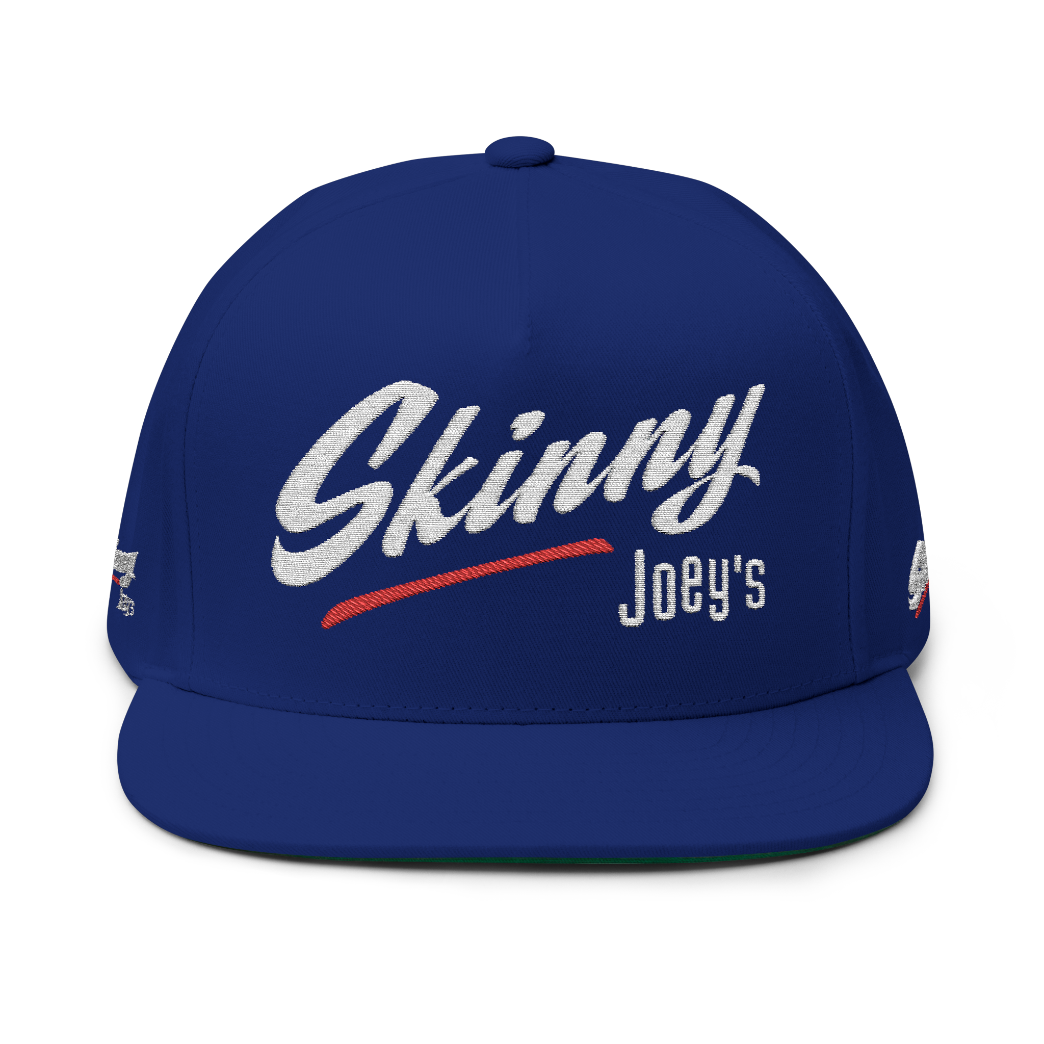 Blue cap with 'Skinny Joey's' text on a white background