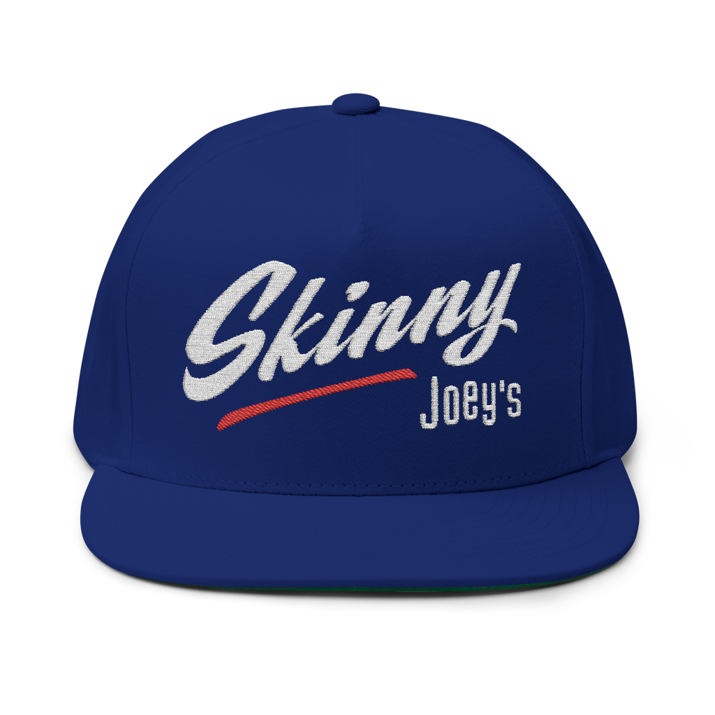 Blue cap with 'Skinny Joey's' text on a white background