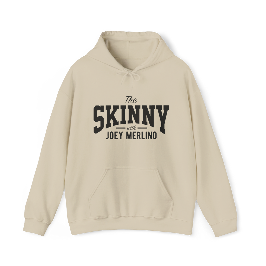Beige hoodie with 'The Skinny with Joey Merlin' text on a white background