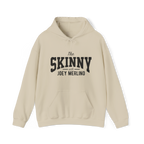 Beige hoodie with 'The Skinny with Joey Merlin' text on a white background