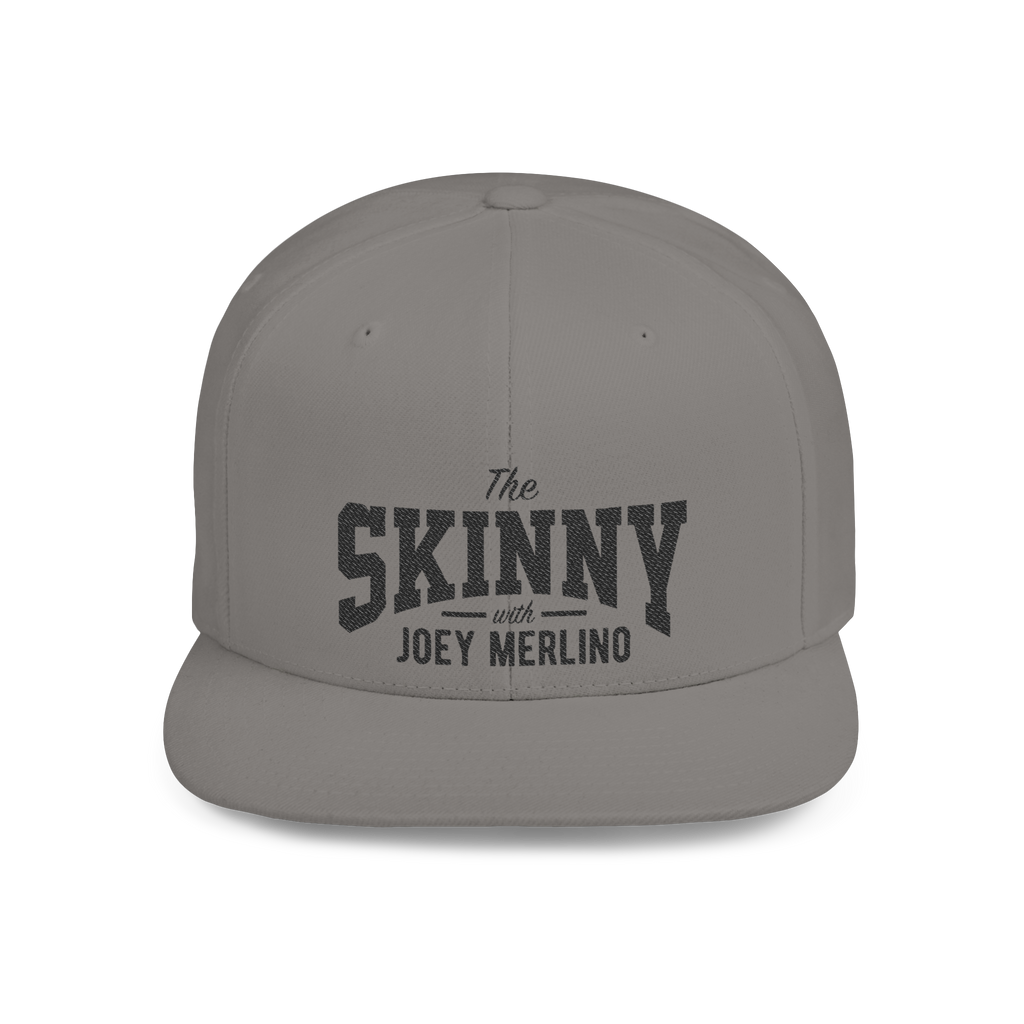 Gray cap with 'The Skinny with Joey Merlin' text on a white background